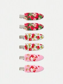 Strawberry Shortcake X SHEIN 6 pièces de clips à cheveux sans plis avec motifs de personnages de dessins animés, de fleurs et de fraises. Ne laisse pas de marques, convient pour se laver le visage, le maquillage, le port quotidien et l'assortiment extérieur. Barrettes à cheveux.