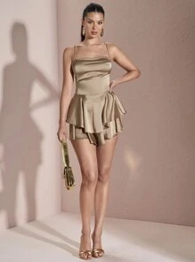 SHEIN BAE Cowl Neck Lace Up Backless Layered Satin Skort Romper - Champagne - View 5