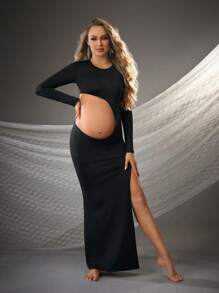 SHEIN Maternity Photoshoot Side Split Fitted Hollow-Out Dress - Black - View 4