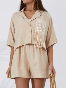 RueChic Women Embroidery Pocket Shirt & Shor Set - Beige - View 5