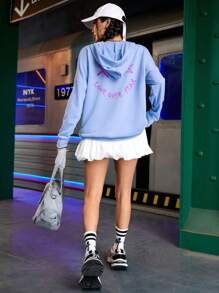 Streetz SHEIN Sport Áo sweatshirt nữ dáng rộng in chữ và sao, thích hợp cho mùa xuân và thu. - Màu xanh lam - Xem 3