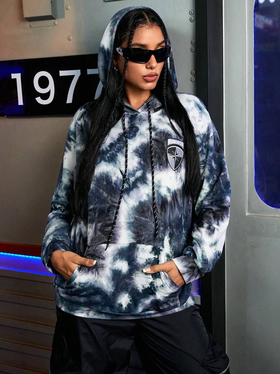 Streetz SHEIN Sport Women's Tie Dye Sweatshirt, Loose Streetwear Casual Long Sleeve Hooded - Black - View 1