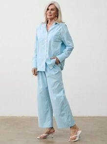 SHEIN LUNE 2 件套女士休闲撞色缝线长袖衬衫和阔腿裤套装，春季/秋季 - 薄荷綠 - 查看 4