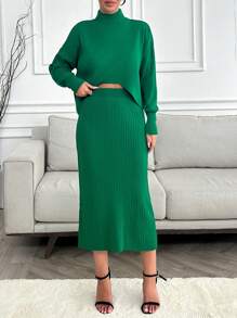 RueChic Mock Neck Drop Shoulder Jumper & Knit Skirt - Green - View 3