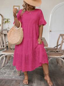 SHEIN Holidaya Vestido casual de talla grande de unicolor con bordado calado - Rosa Fucsia - Ver 3