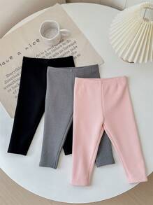 SHEIN LMoss Kids 3 件套女婴可爱百搭针织松紧腰保暖内衬裤套装，秋冬 - 彩色 - 查看 2