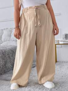 SHEIN CURVE+ Curve Plus Size Linen Pants,Vacation Solid Color Casual Trousers With Elastic Waist And Diagonal Pockets - Apricot - View 6