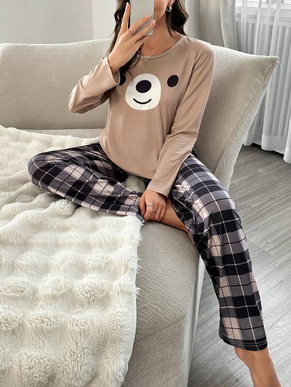 SweetSlumber Women Animal Expression Long Sleeve Top And Plaid Pants Casual Pajama Set Cozy And Elegant Details, Fall Winter Clothes