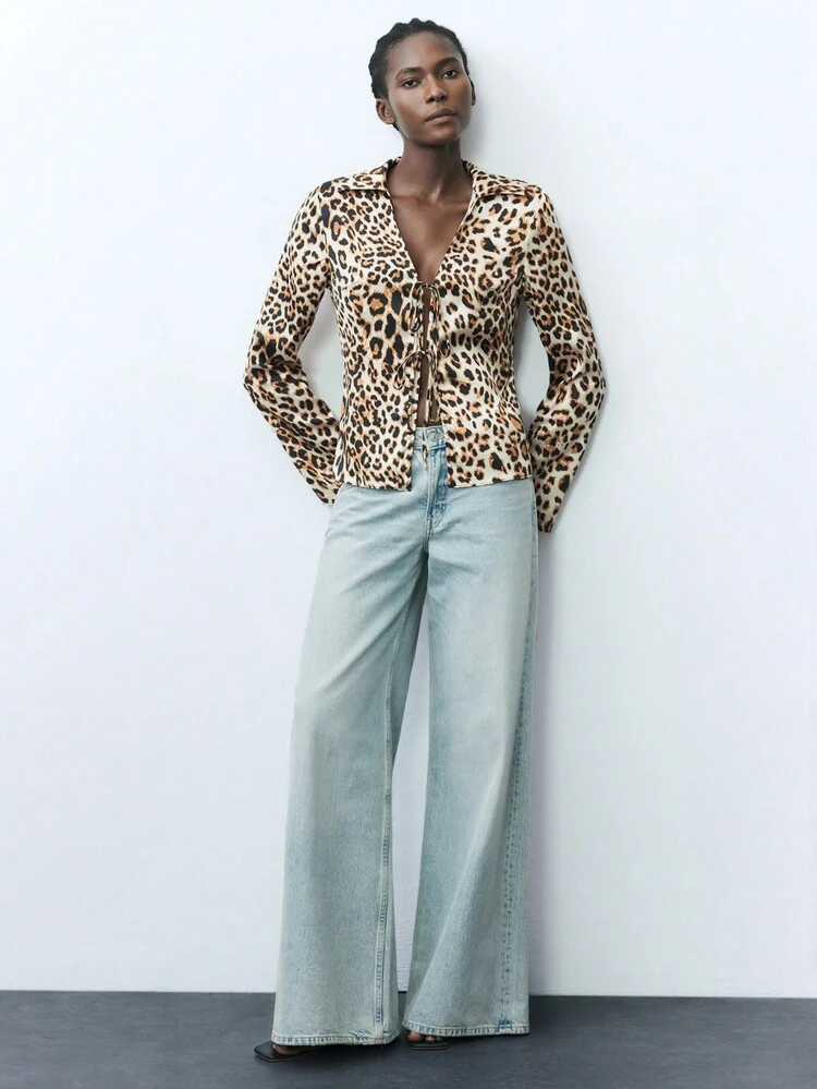 SHEIN Maija Women's Leopard Print Lace-Up Fashion Long Sleeve Shirt Romantic, Fashion, Versatile; Suitable For Summer Vacation, Comfortable, Bohemian Style, Beach Wear, Swimsuit Cover-Up, Stylish, Elegant, Casual, Simple Daily Wear, Country Style, Essential, Solid Color, Holiday Casual, Decent, Single Lady, Ideal For Vacation Elegant Fashion Business Casual Woman Going Out Tops Graduation European Summer Hawaii Women Summer For Women Streetwear Women Stockholm Style Teacher For Women