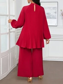 SHEIN Lady Women Loose Comfort Pleated Sleeve Shirt And Wide Leg Pants Set, Red Women Two Pieces Sets Two Pieces Outfits Fall Two Pieces Sets