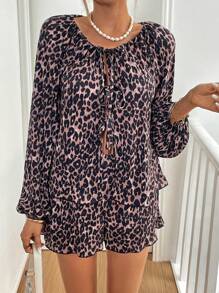 SHEIN Essnce Women Casual Women Folds Two Pieces Sets Tie Bow Lantern Puff Sleeve Layered Leopard Print Shirt And Shorts 2-Piece Set