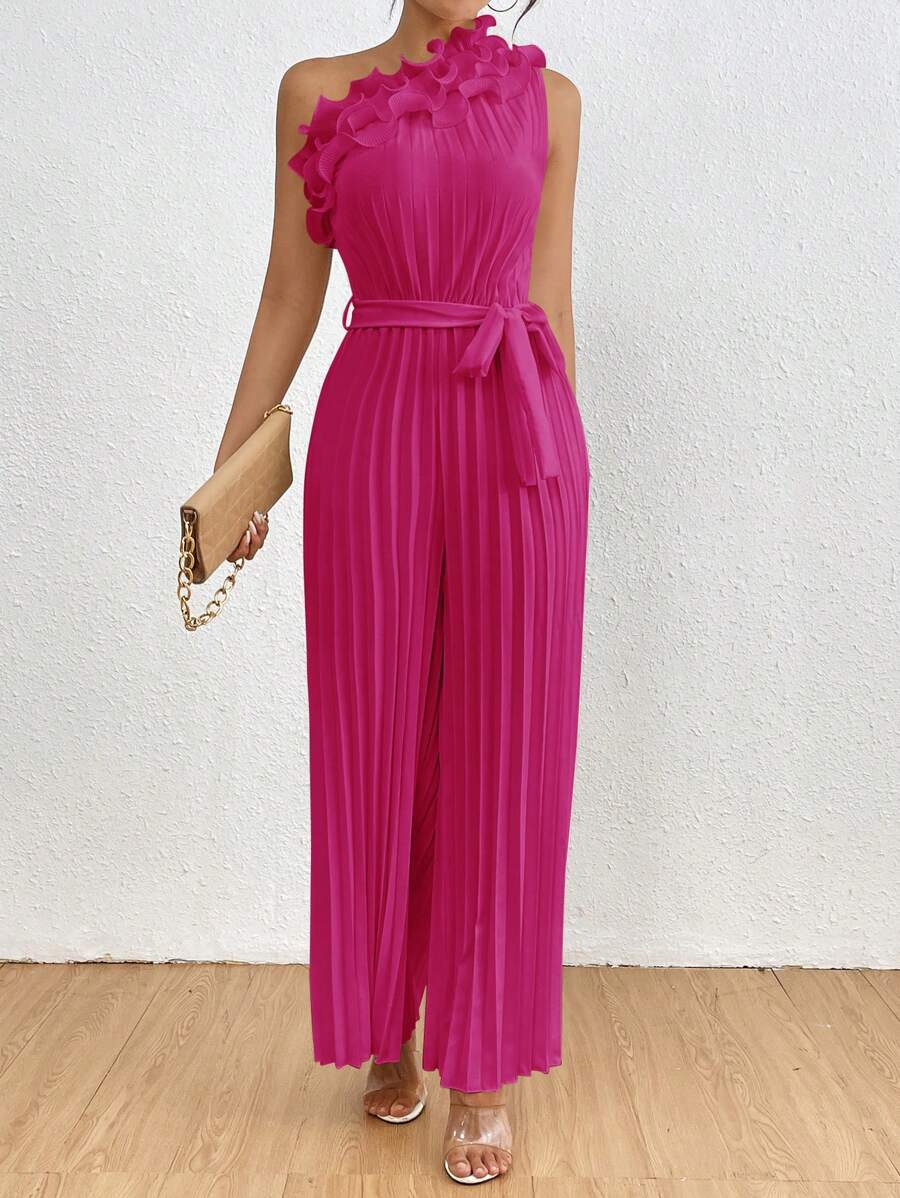 Chiquease Women's Solid Color Asymmetric Collar Embroidered Pleated Jumpsuit - Hot Pink - View 1