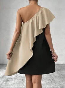 Chiquease Robe asymétrique à volants sur les épaules ample et droite, contraste, pour femmes, vacances