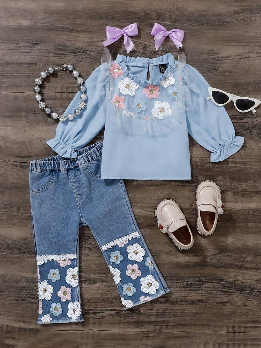 Baby Girls Light Blue Cute Patchwork Top & Denim Flared Pants With Colorful Beads - Baby Blue - View 1