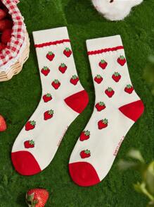 Strawberry Shortcake X SHEIN 2 Pairs Women Cartoon Character & Strawberry Pattern Mid-Calf Socks, Day