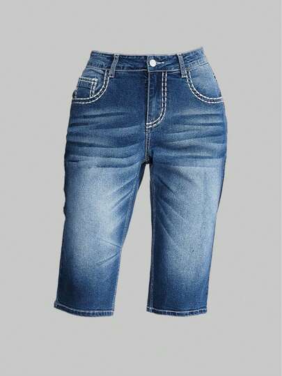 Grunge Punk Women's Cross Print Pocket Cuffed Casual Denim Shorts