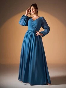 大码 V 领珍珠雪纺双灯笼袖高低晚礼服，优雅长袖伴娘礼服 - 藍色 - 查看 5