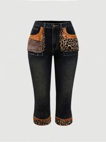 ROMWE J-Fashion Y2K Style Low-Waisted Vintage Leopard Print Fluffy Patchwork Low Waist Denim 3/4 Pants - Blue - View 1
