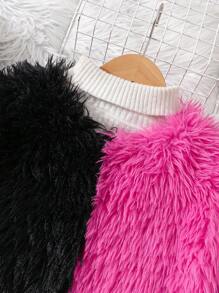 Tween 女童红色和黑色拼布连帽毛茸茸休闲夹克适合户外穿着