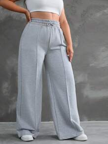 EURMUSE Plus Drawstring Waist Wide Leg Pants - Grey - View 5