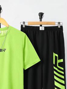 SHEIN 2 件套青少年男童休闲简约字母印花圆领套头衫，适合夏季运动、跑步、户外 - 綠色 - 查看 3