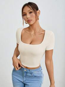 SHEIN PETITE 3件裝女款休閒方領短袖修身T恤，簡約黑、白、灰色設計，適合嬌小女性 - 棕色 - 查看 3