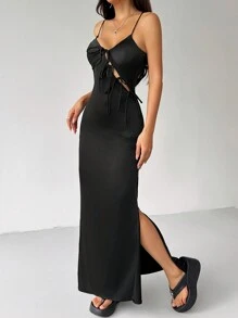 SHEIN EZwear Women's Solid Color Tie-Up Bodycon Split Sling Dress - Black - View 3