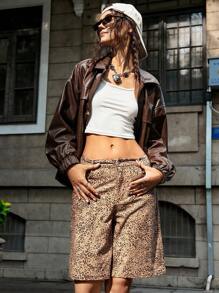 Bohemela Holiday Woven Leopard Pattern Slip Pocket Low Rise Straight Leg Women's Bermuda Shorts - Brown - View 7