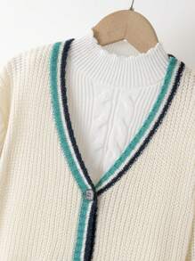 SHEIN Girls' V-Neck Color Block Pockets Cardigan Sweater, Mid-Length, Autumn - Apricot - View 5