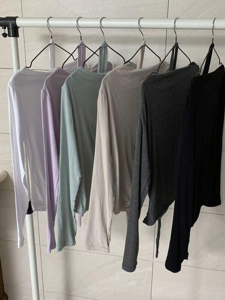 Women Elegant Asymmetric Solid Color T-Shirt, Spring Autumn Long Sleeve Women Tops Asymmetrical Shoulder Top Off The Shoulder