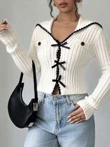 SHEIN Unity Contrast Trim Sailor Collar Bow Front Crop Cardigan - Beige - View 2