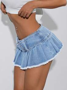 SHEIN ICON Belt Loop Pleated Denim Mini Skirt - Medium Wash - View 5