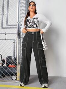 SHEIN ICON 大码拼色明线工装牛仔裤 - 深灰色 - 查看 5