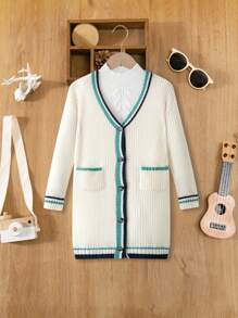 SHEIN Girls' V-Neck Color Block Pockets Cardigan Sweater, Mid-Length, Autumn - Apricot - View 1