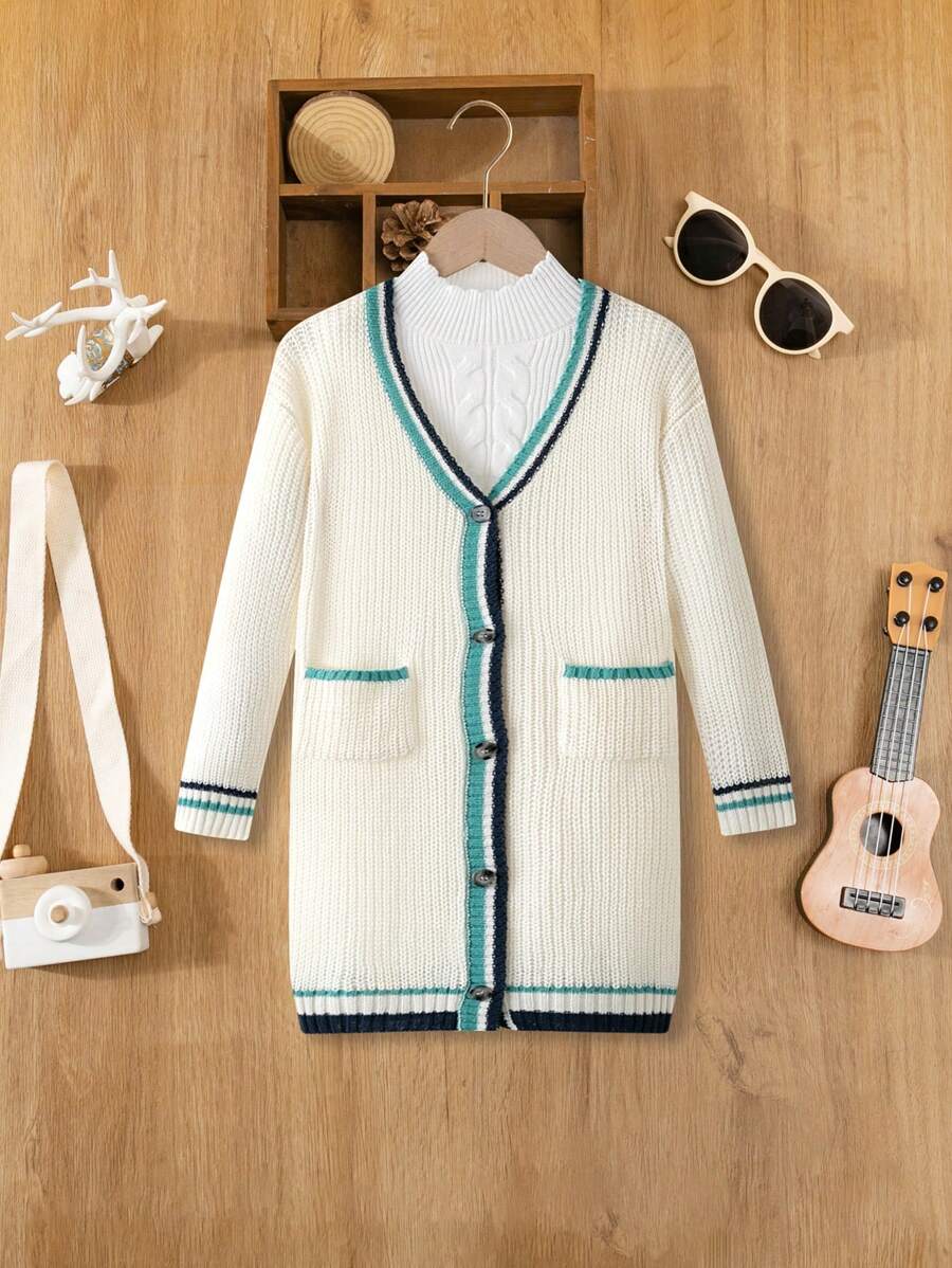 SHEIN Girls' V-Neck Color Block Pockets Cardigan Sweater, Mid-Length, Autumn - Apricot - View 1