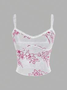 INAWLY Blusa informal de mujer con encaje, parches y pliegues con estampado floral