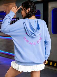 Streetz SHEIN Sport Áo sweatshirt nữ dáng rộng in chữ và sao, thích hợp cho mùa xuân và thu. - Màu xanh lam - Xem 6