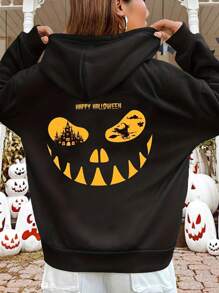 INAWLY Áo nỉ trùm đầu in dây rút thời trang Halloween cho nữ dáng rộng - màu đen - Xem 1