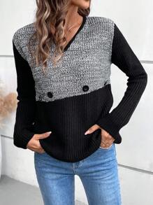 SHEIN LUNE Damski elegancki, dzianinowy sweter o dopasowanym kroju, z dekoltem w kształcie litery V, z długim rękawem