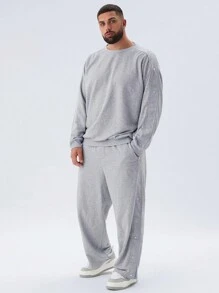 Manfinity NXTstreet Set de 2 piezas de talla grande de sudadera con capucha entallada suelta de punto y pantalón de chándal recto con cordón en la cintura para hombres