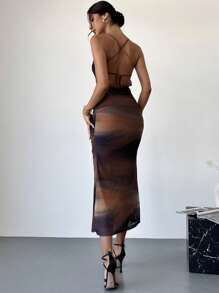 Firerie Vestido cami corto ajustado, de malla transparente, con tirantes, cuello swing, y diseño degradado multicolor, elegante y sexy para vacaciones de verano de mujer