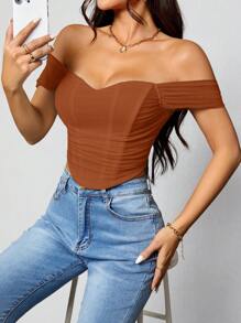 SHEIN PETITE 女士露肩修身精致魅力露背拉链衬衫 - 棕色 - 查看 5