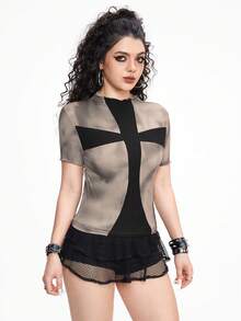 ROMWE Grunge Punk Street Grungy Cross Patchwork Batik Elastisches, figurbetontes Kurzarm-T-Shirt für Damen