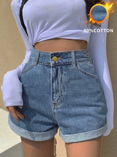 Women's Loose Casual Basic Cuffed Denim Shorts