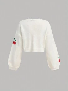 SHEIN Girlism Teen Girls White & Red Cherry Fruit Pattern Embroidered Versatile Cardigan Sweater,In Fall/Winter