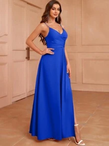 Elitara Spaghetti Strap Backless Elegant Pleated Front Bridesmaid Dress With Slit (Adult) - Royal Blue - View 3