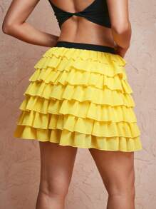 LYDIA SIMONE Designer Summer Sweet Elegant Elastic Waist Ruffle Trim Chiffon Skirt, For Summer, Holiday, Vacation - Yellow - View 2