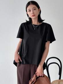 FRIFUL 女士夏季休闲纯色褶皱短袖衬衫，荷叶边 - 黑色 - 查看 8