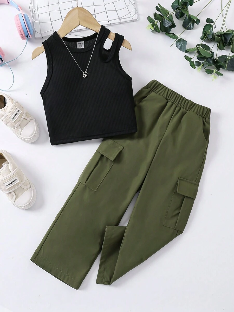 SHEIN 2 件装年轻女孩夏季无袖上衣和工装裤休闲装 - 綠色 - 查看 1