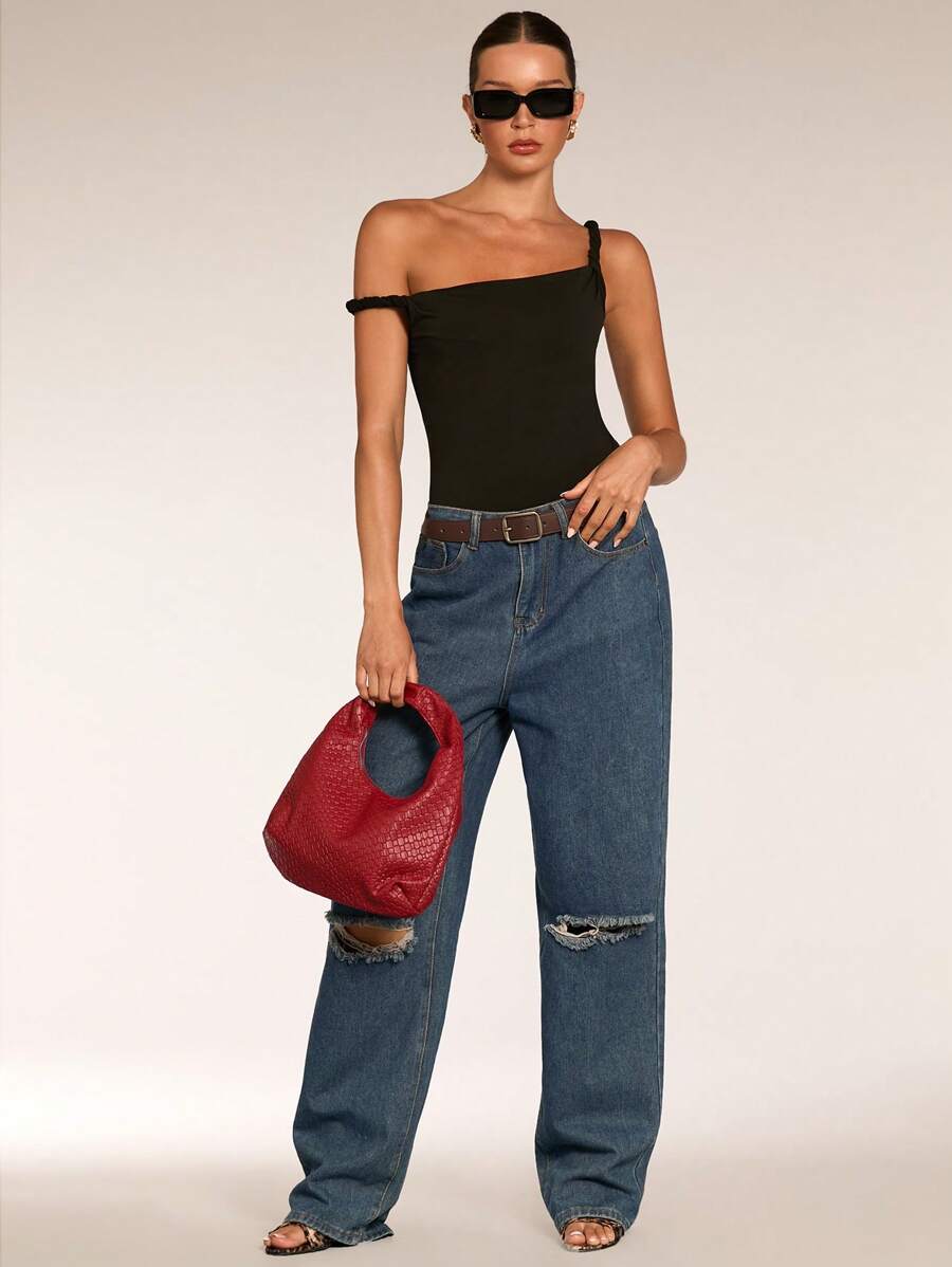 SHEIN BAE Women's Black Asymmetric Neck Twist Casual Bodysuit/Fashionable Outgoing, Versatile Minimalist/Sleeveless Fitted Bodysuit - Black - View 1